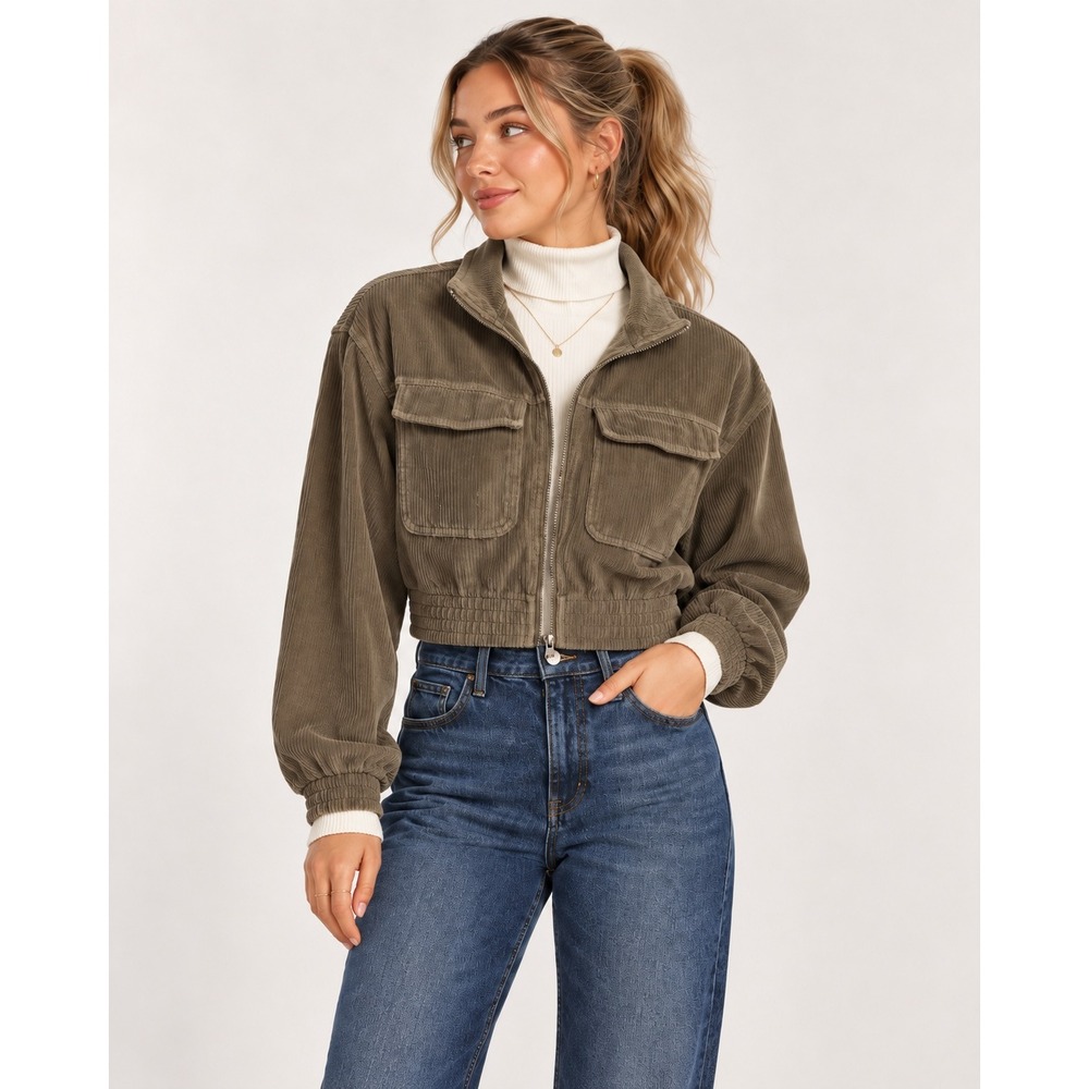 Aerie Groove On Corduroy Cropped Zip Utility Jacket Olive Green Size XS
